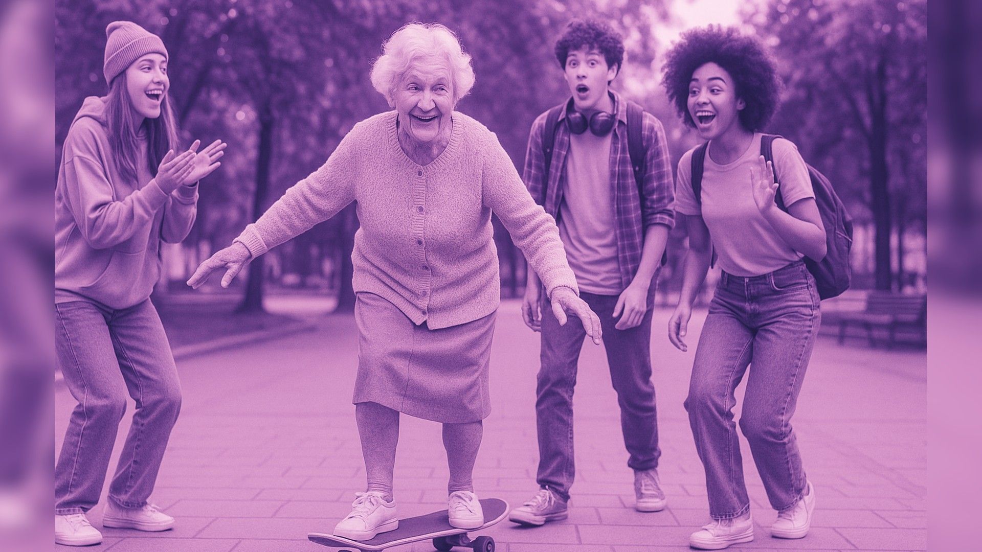 A grandma skateboarding, surrounded by teenagers who look at her with amazement and delight.