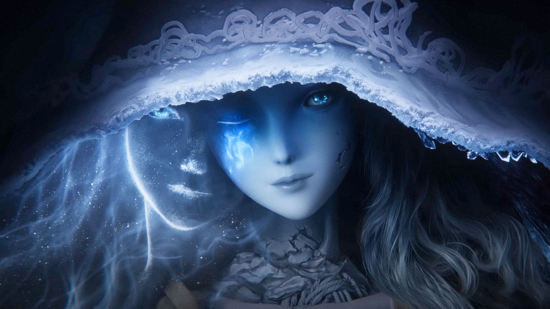 The girl with blue eyes stands in a large hat and looks at the camera, slightly smiling
