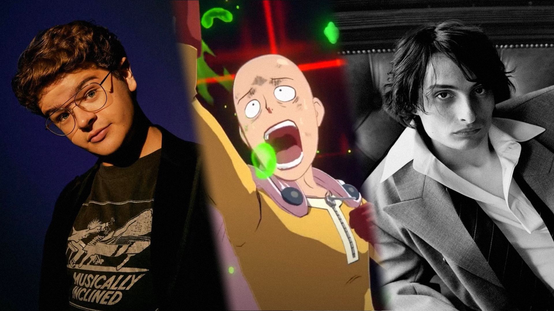 Left: actor Gaten Matarazzo in a black jacket. Center: anime character Saitama is shouting. Right: actor Finn Wolfhard in a white shirt looking at the camera