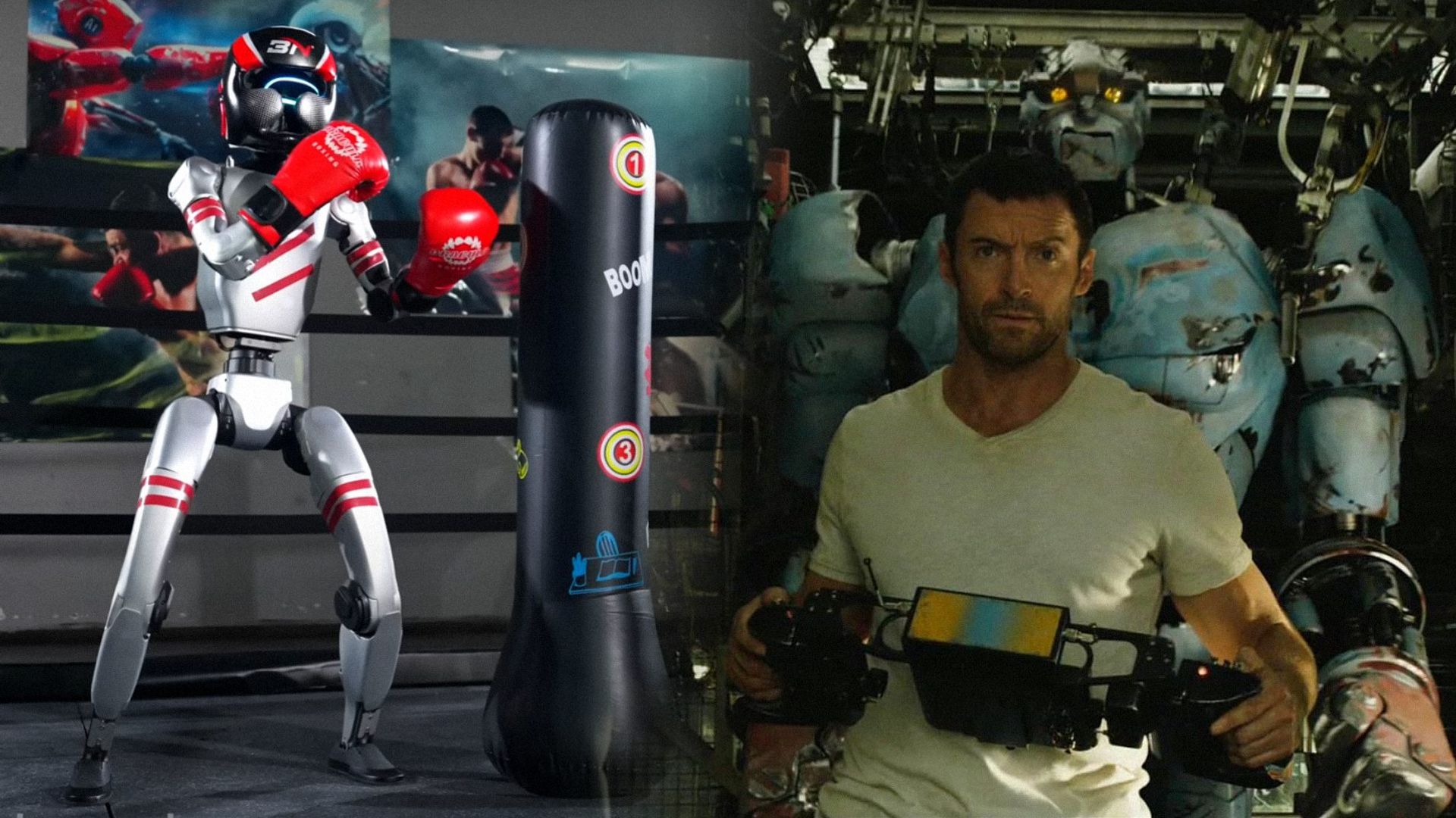 On the left: a fighter robot in red gloves stands in the middle of the ring, raising its fists. On the right: actor Hugh Jackman with a remote control and a robot standing behind him