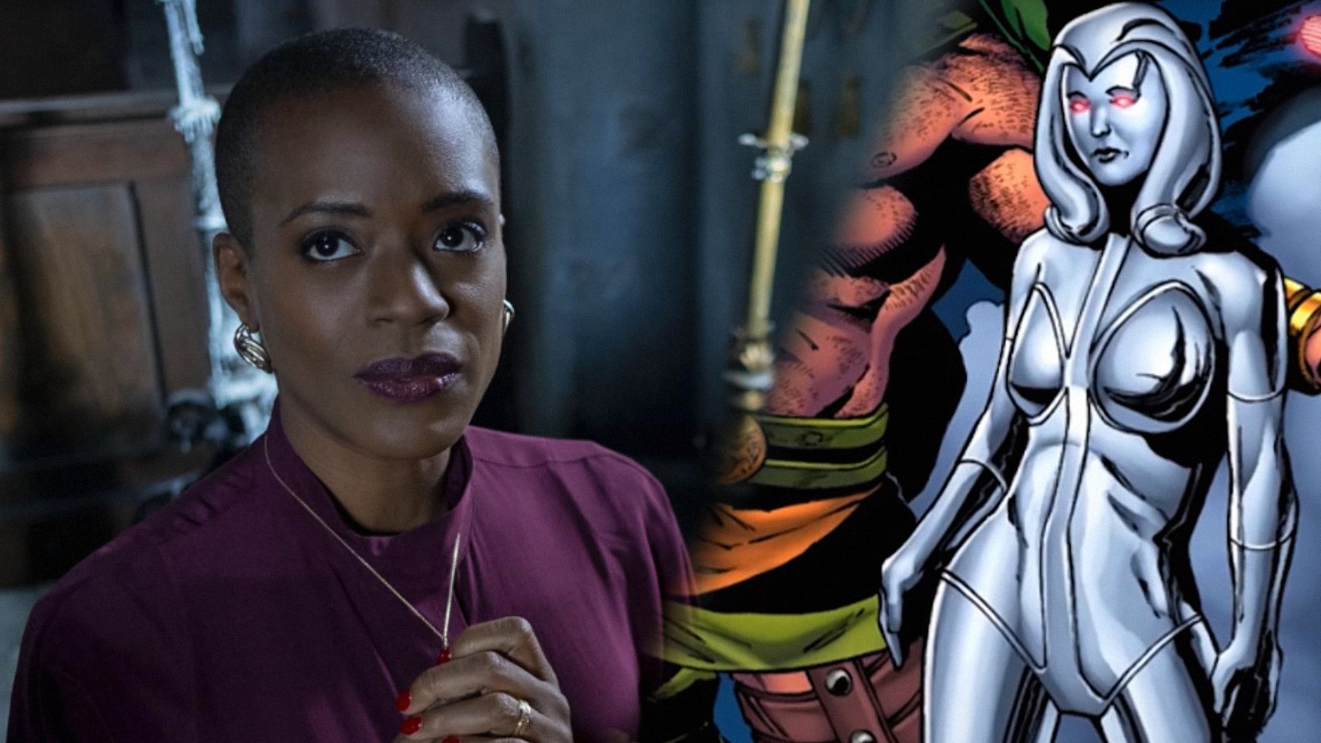 Actress T'Nia Miller in a purple blouse looks sideways against a wall, the Marvel comic character Jocasta in a metallic body stands next to a muscular man