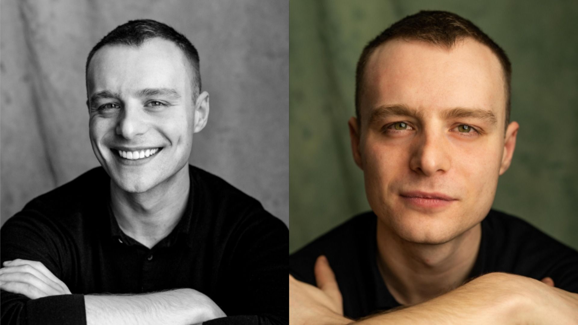 Actor Luke Tallon smiles against a green wall
