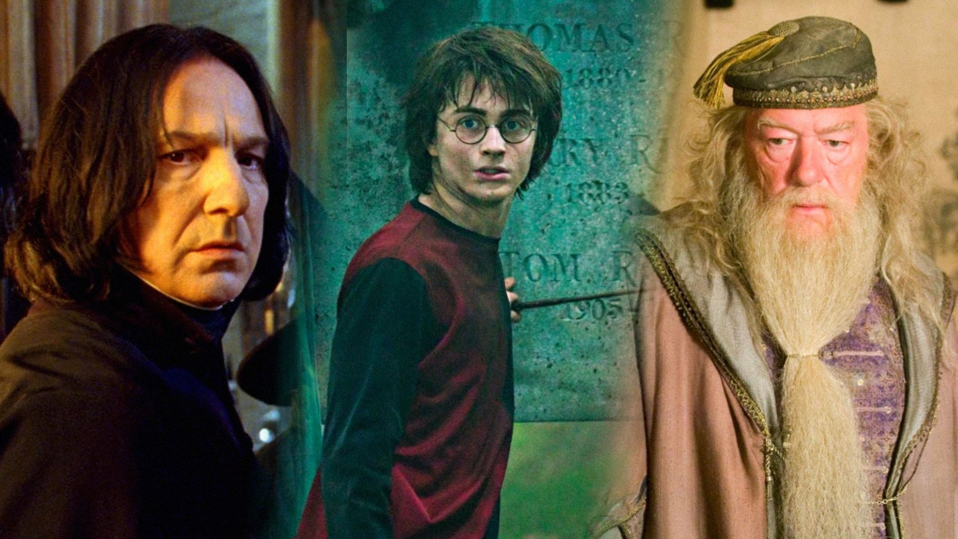 Actors Alan Rickman in a black robe, Daniel Radcliffe with a wand in hand, Michael Gambon in a gray robe