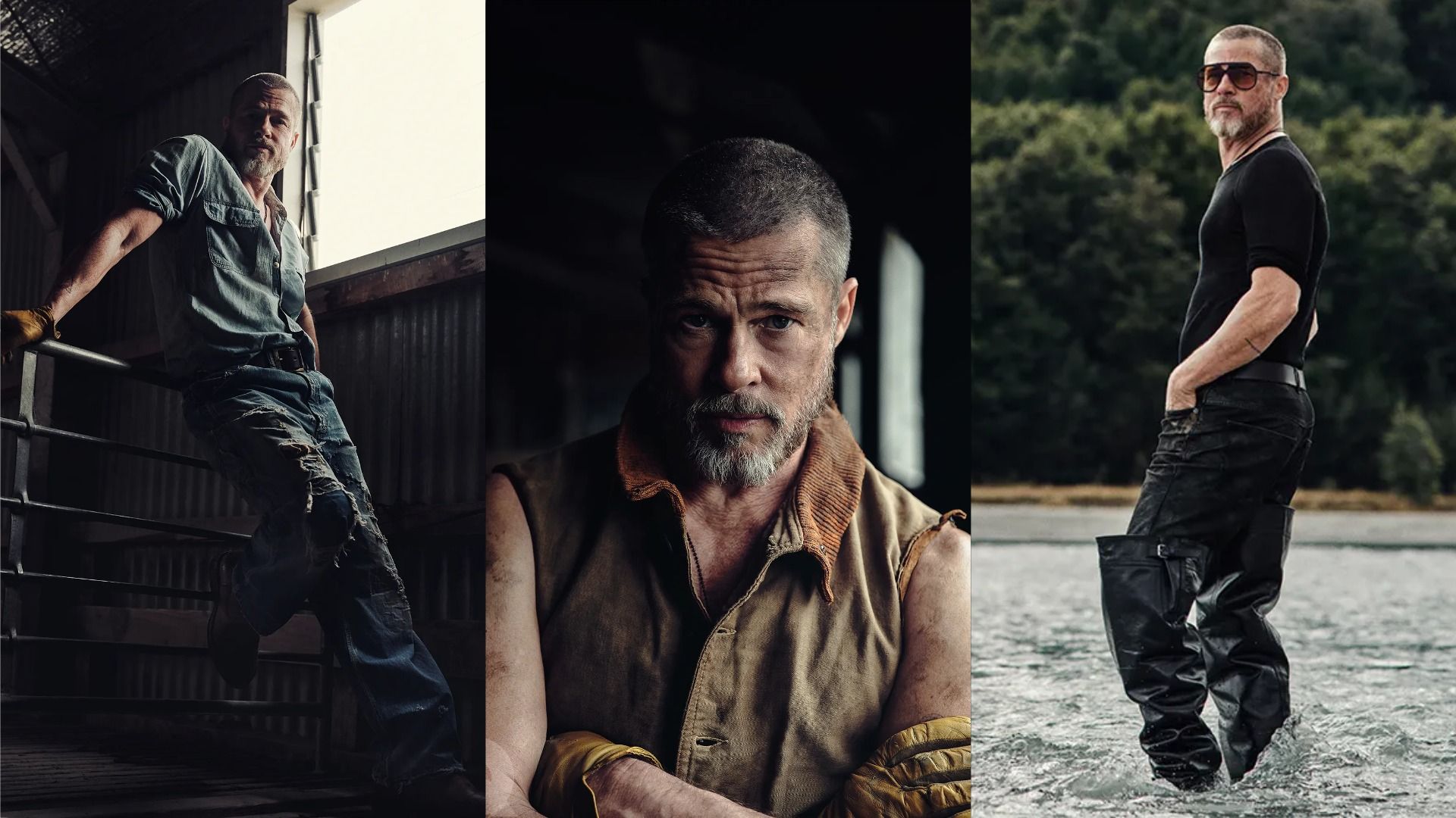 Actor Brad Pitt in long boots, torn jeans, and dirty clothes posing against the backdrop of water and a window
