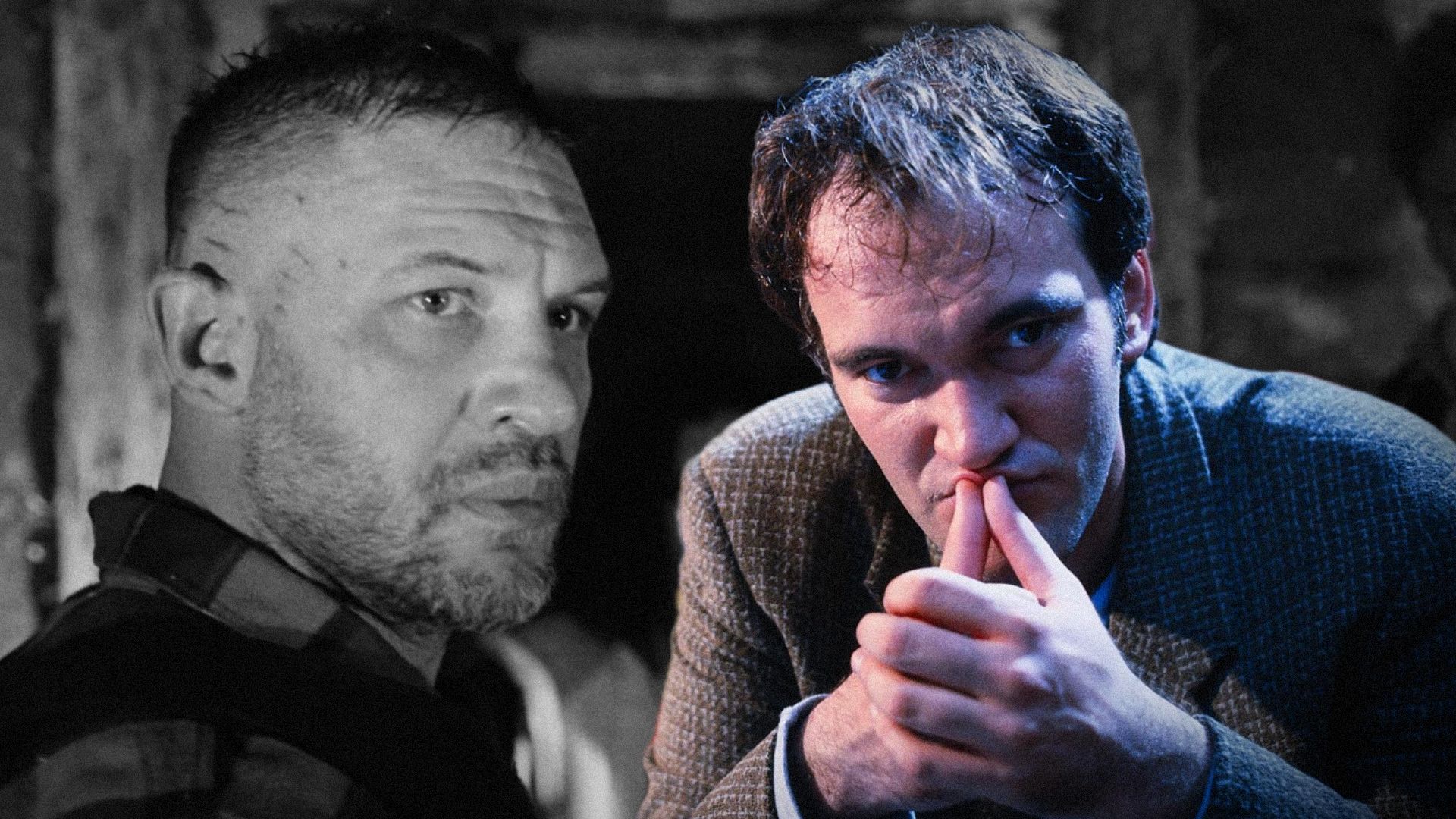 Actor Tom Hardy looks sideways against the wall, director Quentin Tarantino holds his head with his hands
