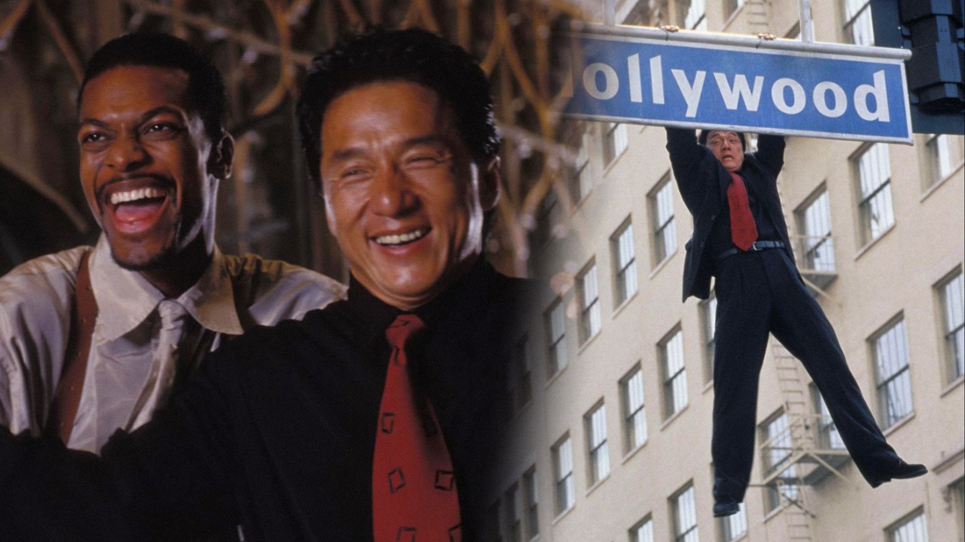 Actors Jackie Chan and Chris Tucker smiling against a brown background