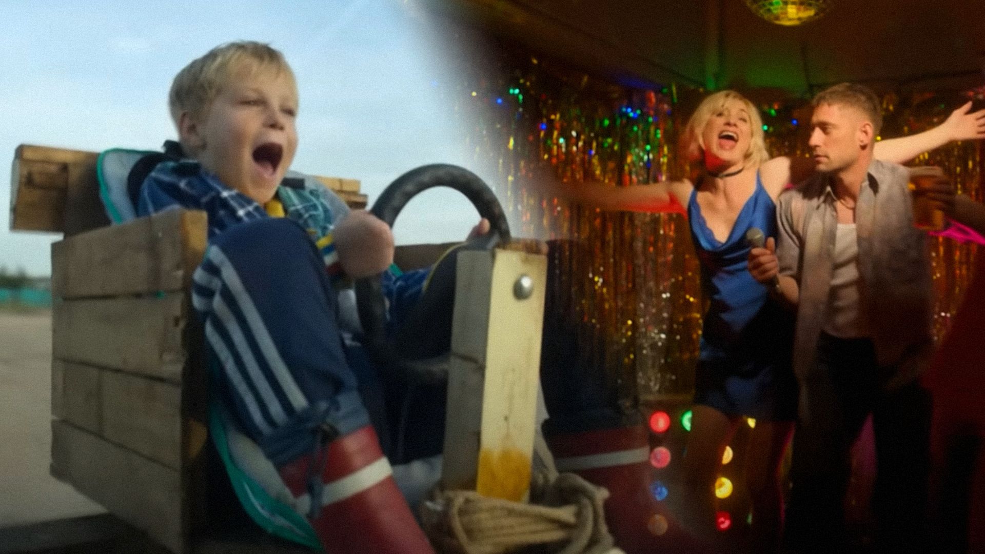 A boy riding in a wooden car and shouting with joy