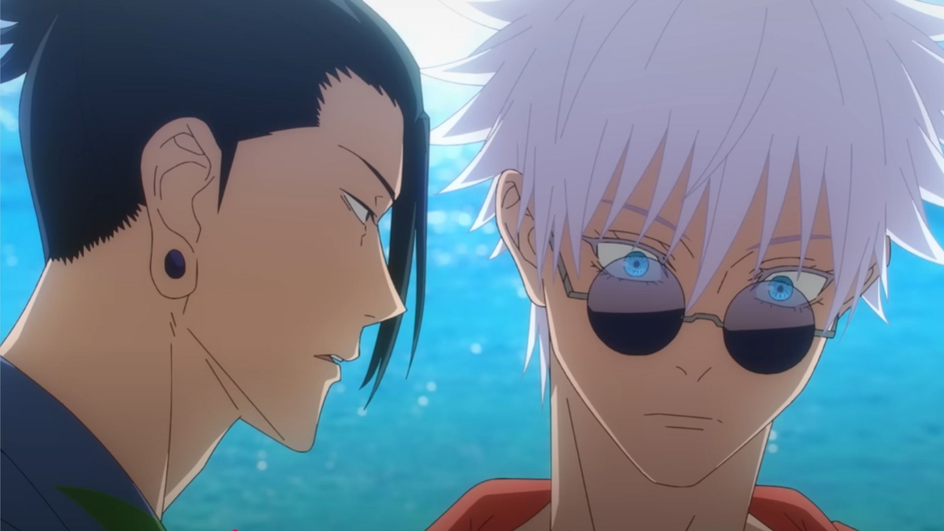Two guys with black and white hair are standing against a blue sky