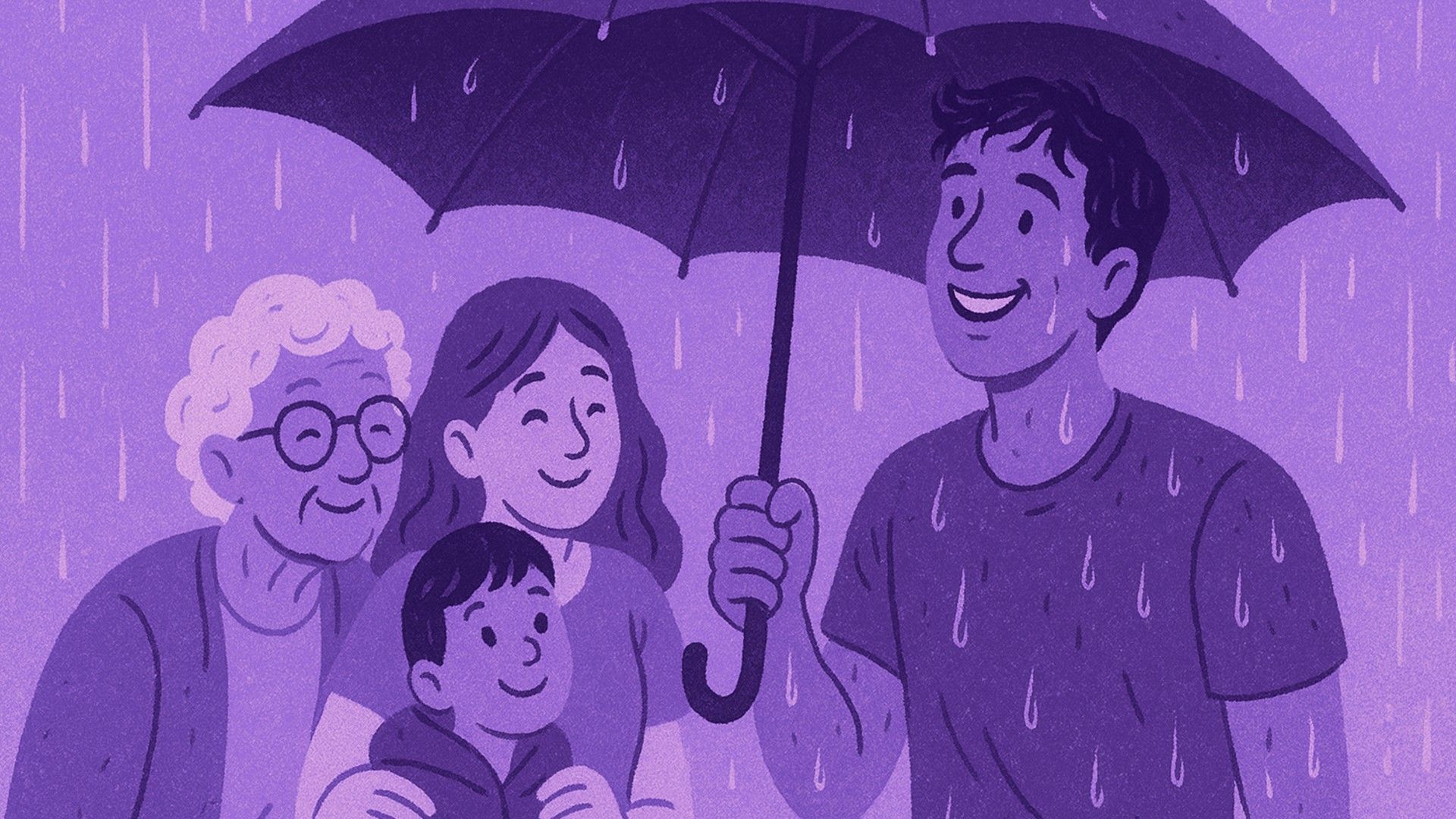 A man holds an umbrella and shields an elderly woman, a woman, and a child from the rain