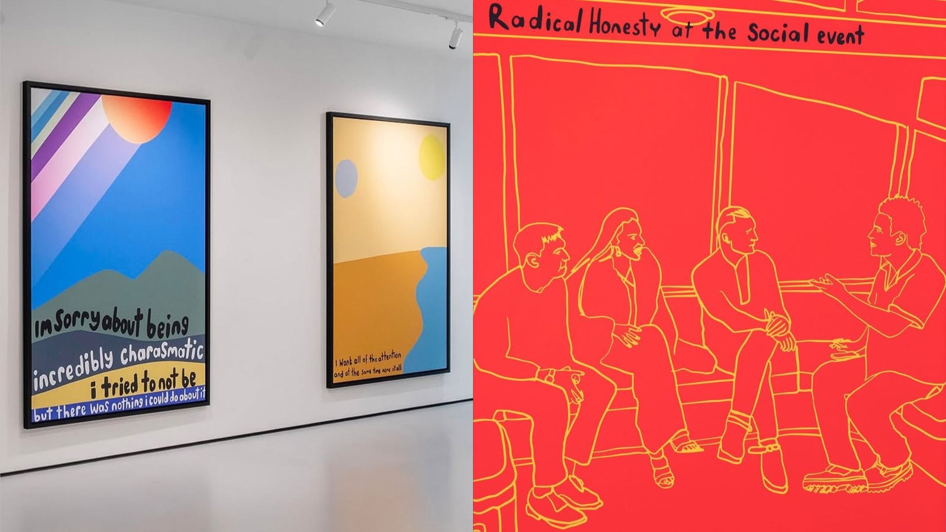 A painting depicting people talking to each other against a window on a red background