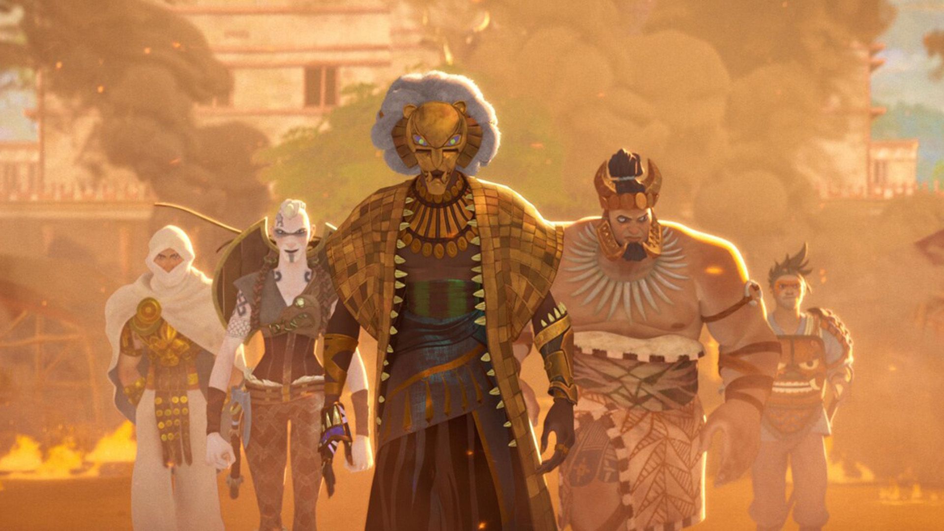 A scene from the animated film "Eyes of Wakanda": five characters in colorful costumes walking forward in an orange haze