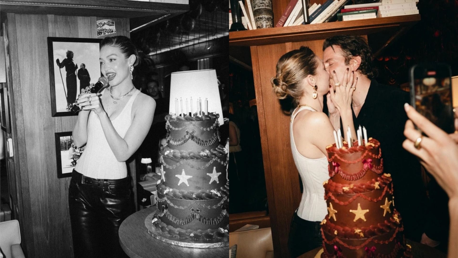 Model Gigi Hadid in a white corset kisses actor Bradley Cooper on the lips against a backdrop of a shelf filled with books