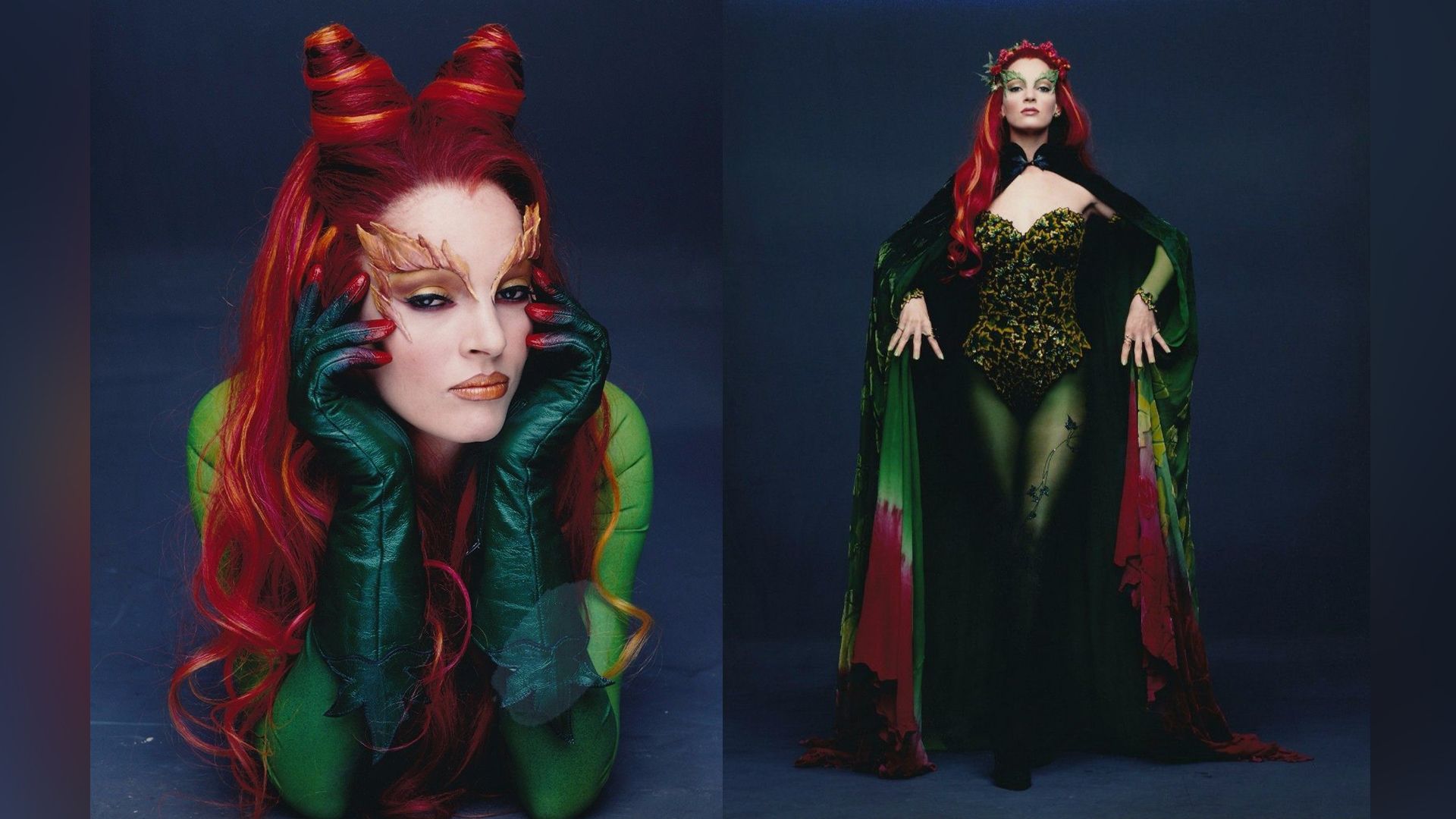 Collage: Uma Thurman as Poison Ivy from the movie 'Batman & Robin' in full height and close-up