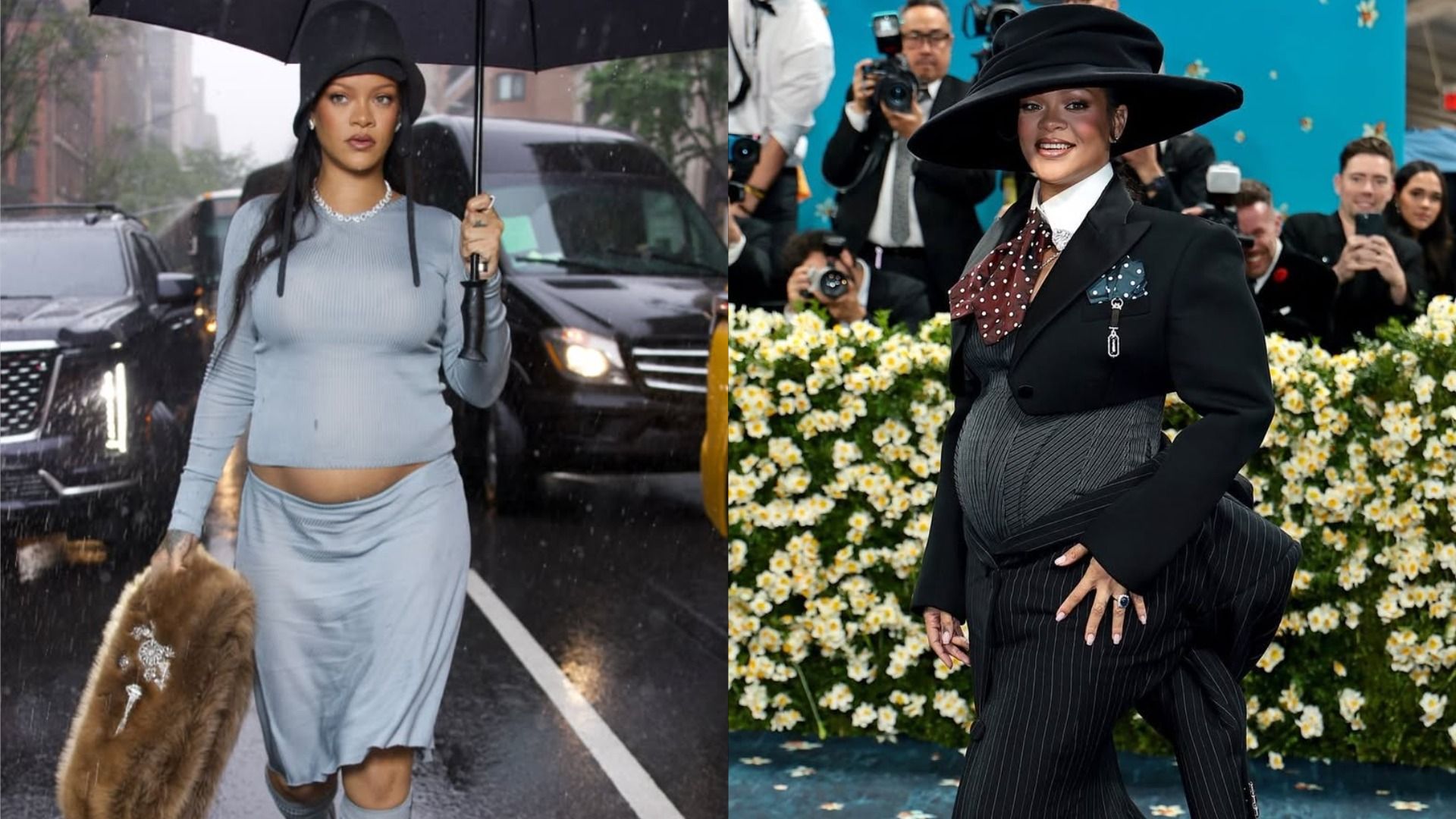 Singer Rihanna with a rounded belly is walking with an umbrella down the street during the rain in a gray skirt