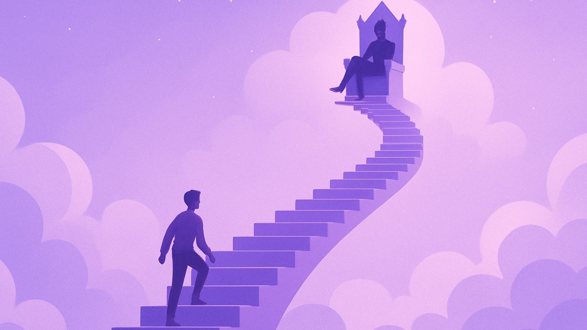Stairway to the clouds — a long spiraling staircase leads to a throne in the sky, where a proud figure sits as if a deity.