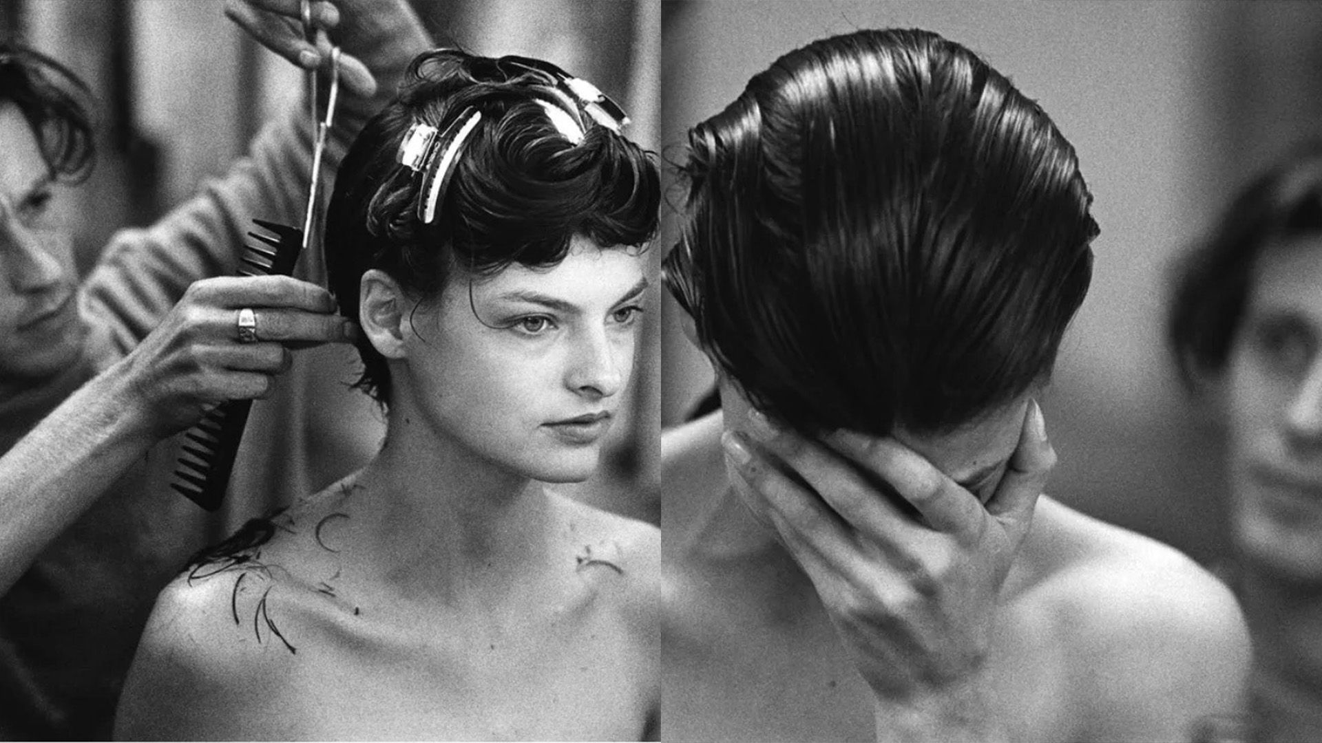 Collage: Julien d'Ys cutting Linda Evangelista's hair; Linda Evangelista has tilted her head and covered her face with her hand