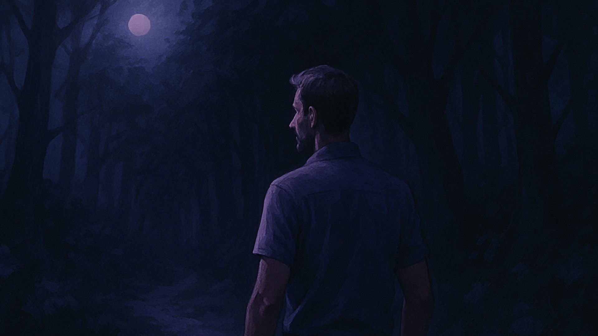 A step into the dark forest — a man stands at the forest entrance, ready to enter