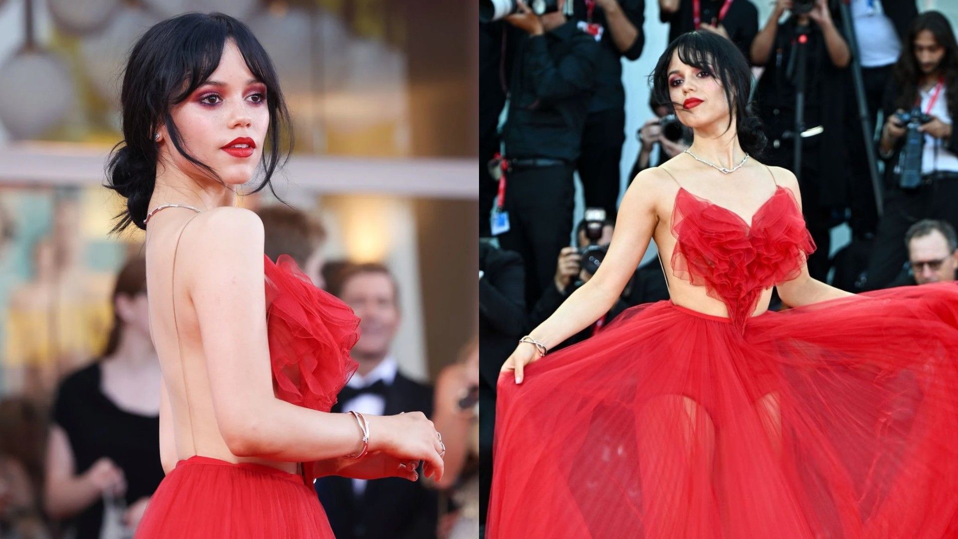Jenna Ortega in a red dress with an open back and heart detail on the chest, collage of two photos