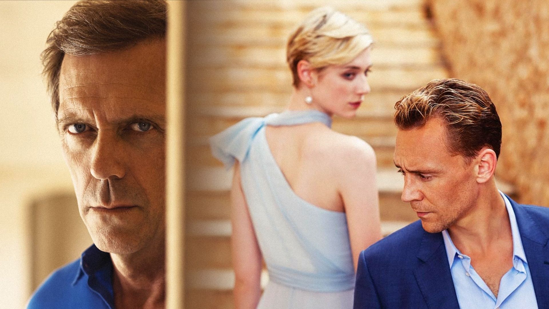 Actor Hugh Laurie peeks out from around a corner, to his right actor Tom Hiddleston stands in a blue jacket at three-quarter angle