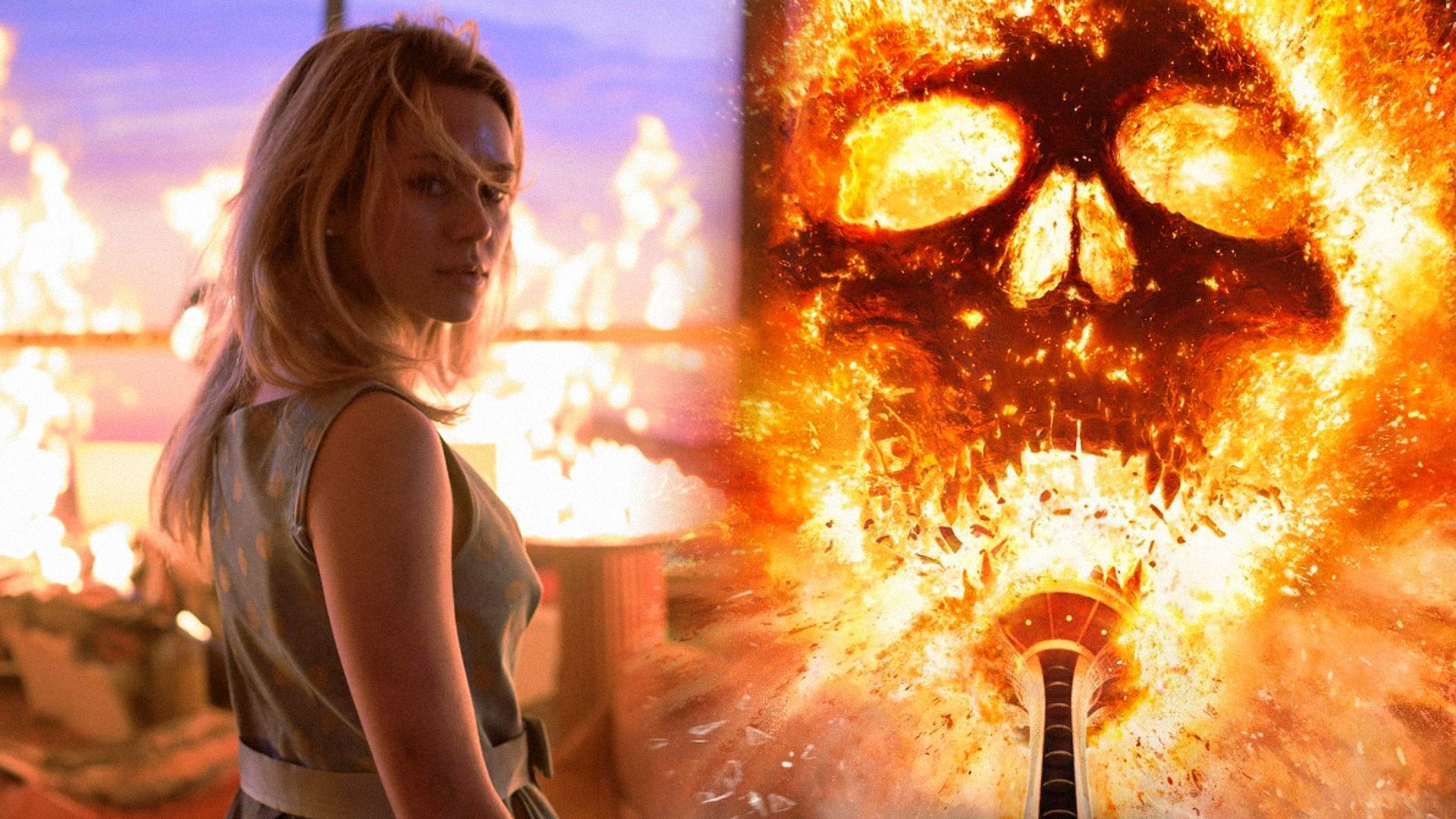 A girl in a blue dress looks at the camera against a backdrop of fire and windows