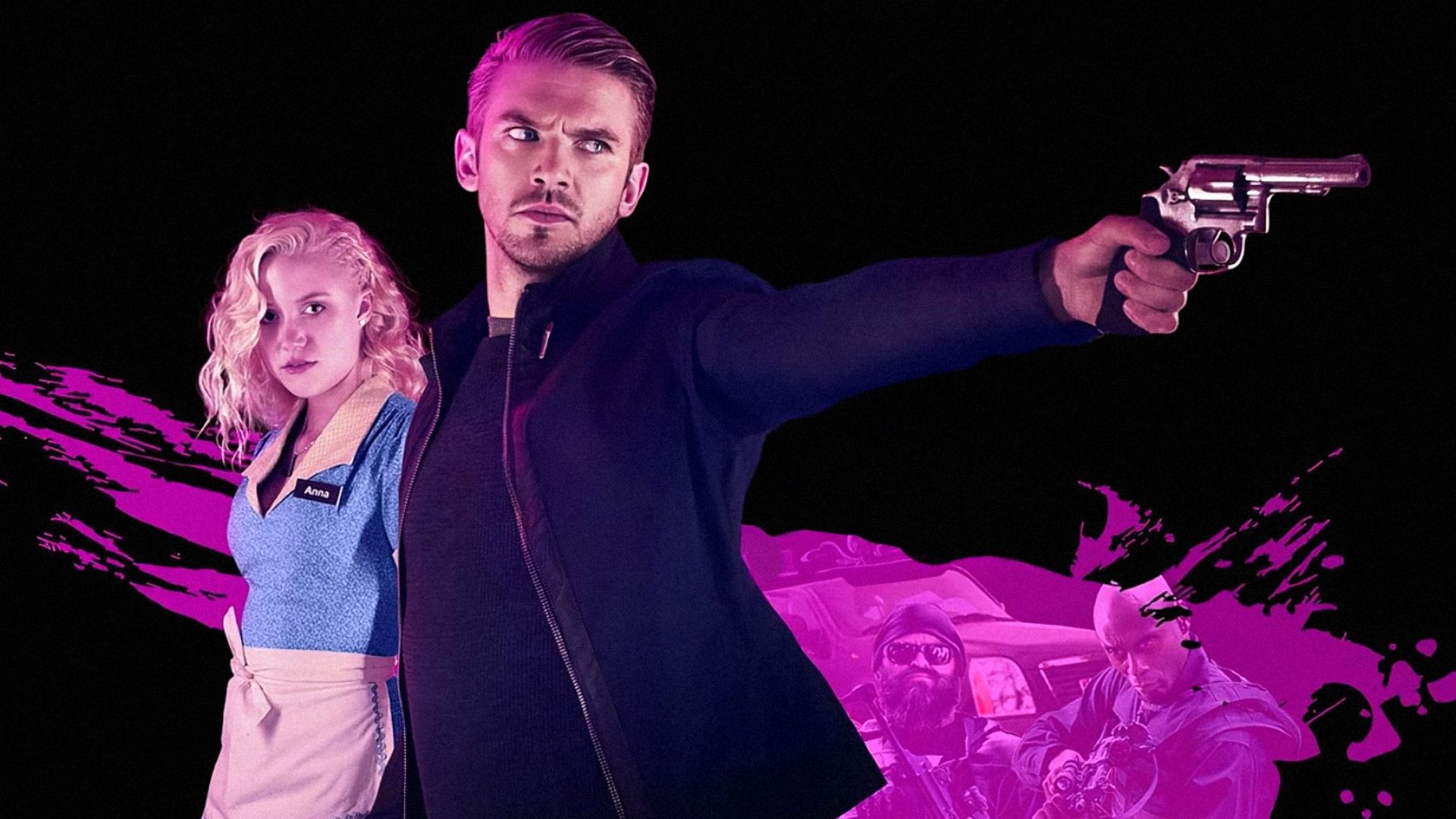 Actor Dan Stevens holding a gun and actress Maika Monroe in a waitress costume