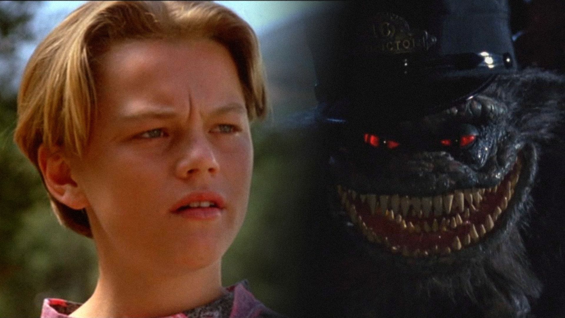 Actor Leonardo DiCaprio in a T-shirt next to a toothy monster in a hat