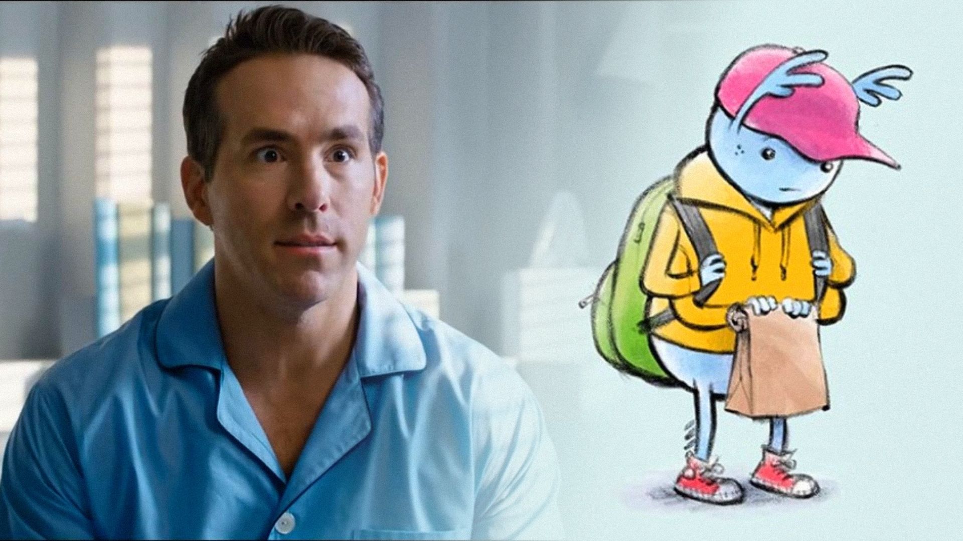 Actor Ryan Reynolds in a blue shirt and the cover of the book 'I Eat Poop: A Dung Beetle Story'