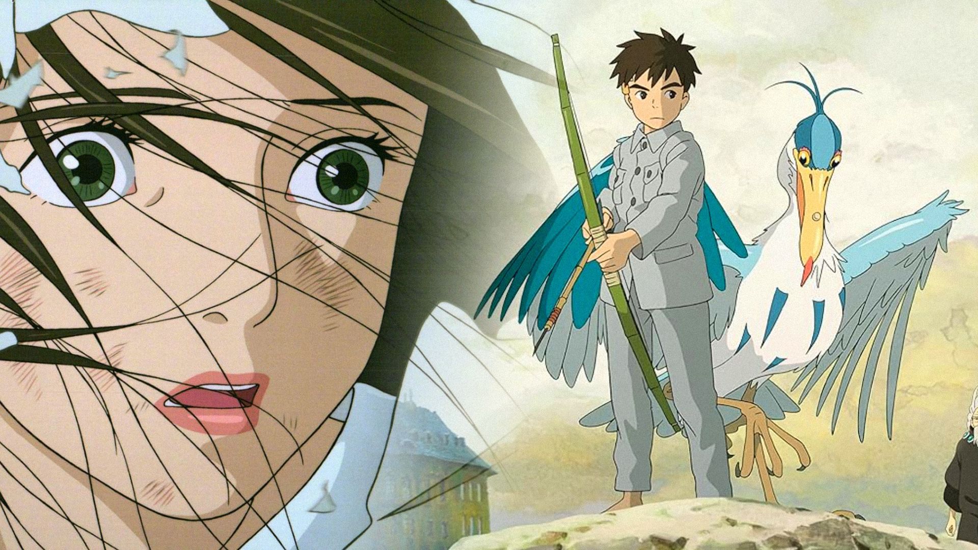 A boy in a gray suit holds a bow in his hands next to a large bird