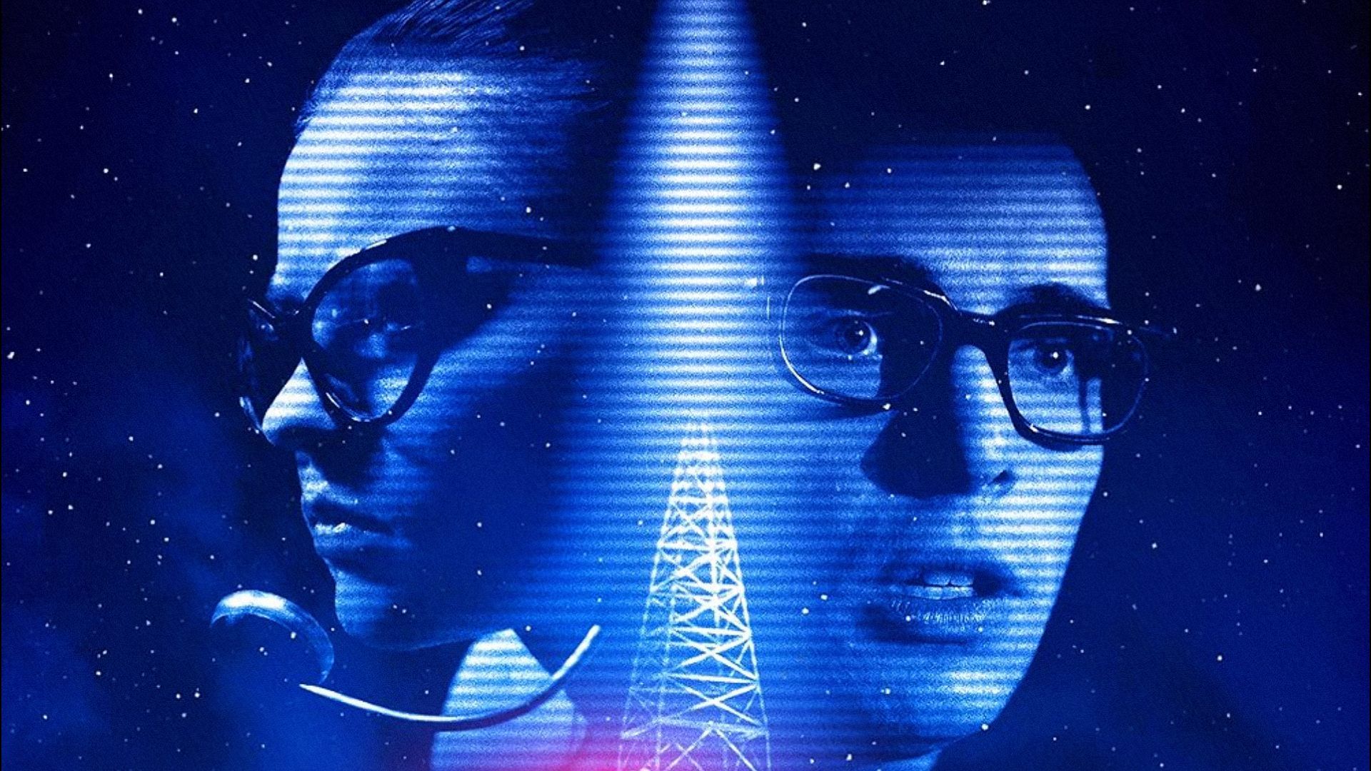 A girl with headphones and a man in glasses looking in different directions against a blue background