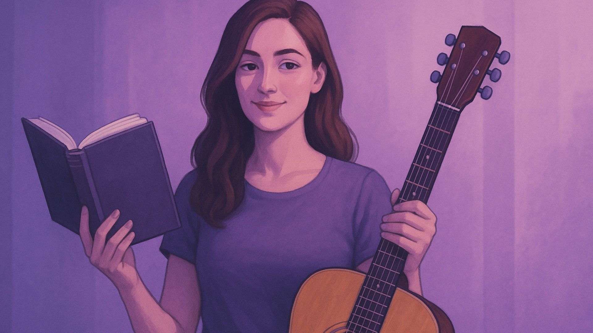 A woman with a book and guitar — classic literature in one hand, musical instrument in the other,