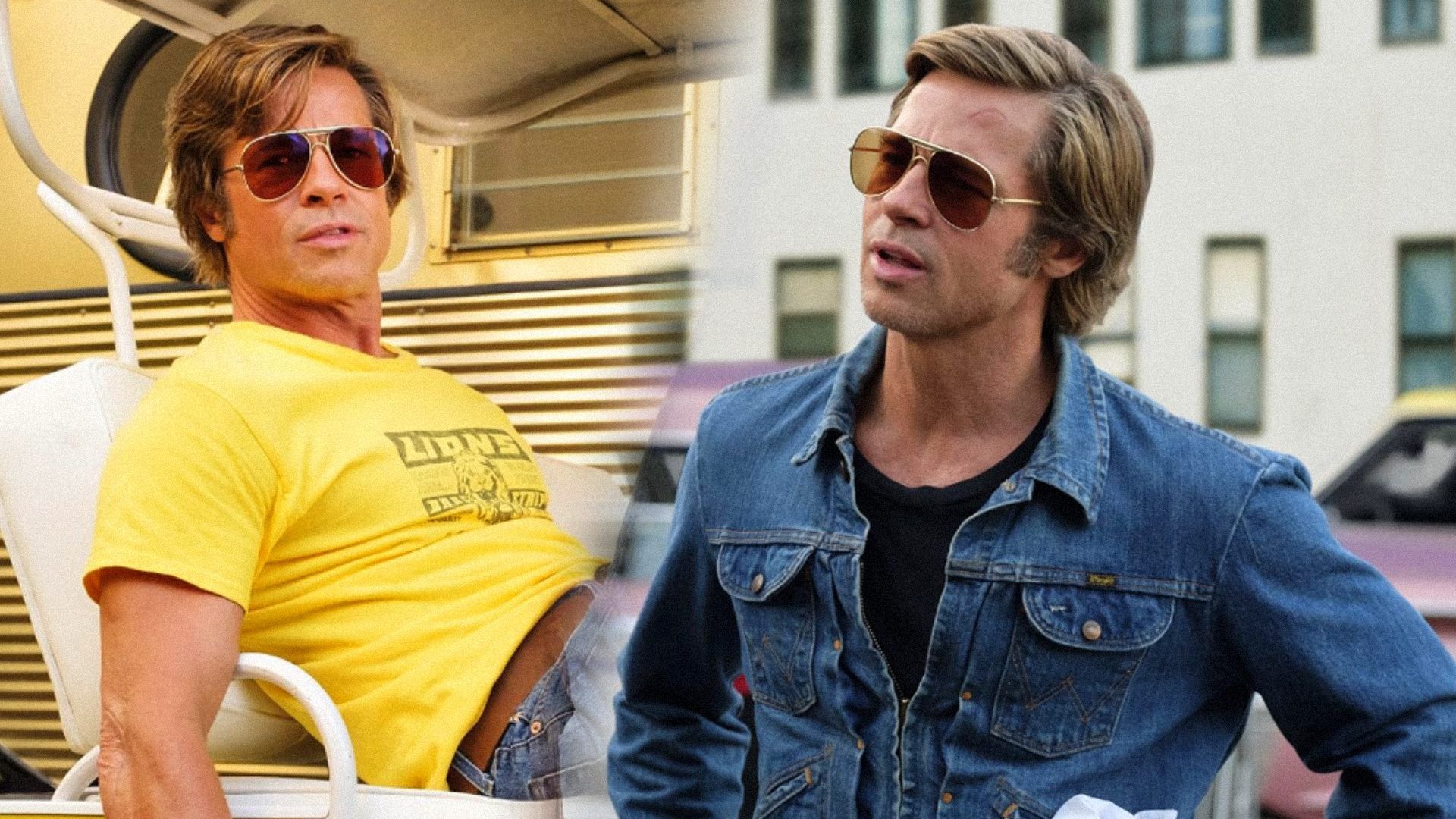 Actor Brad Pitt as Cliff Booth in jeans and glasses