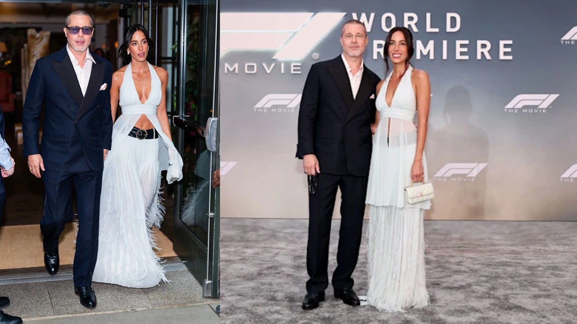 Brad Pitt in a dark suit and Ines de Ramon in a white top and skirt pose for the cameras