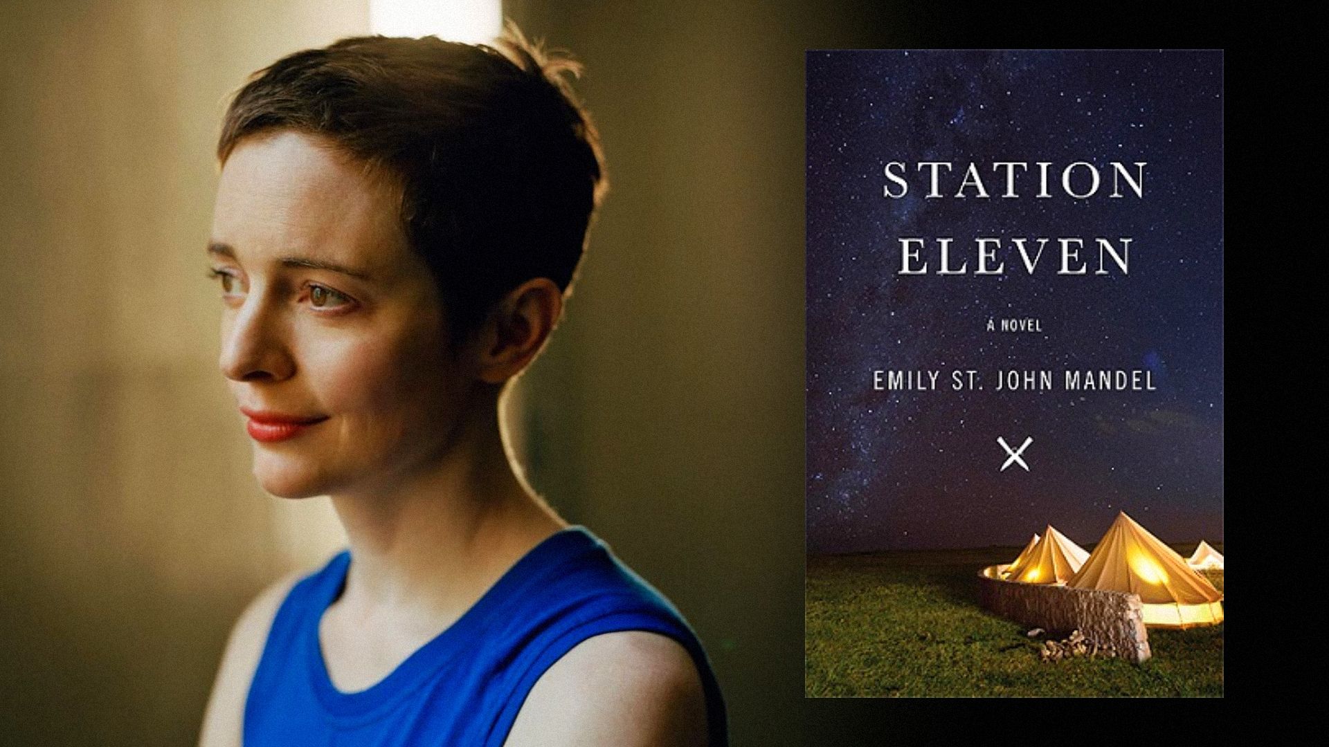 Writer Emily St. John Mandel in a blue dress with a book that has a photo of tents on it