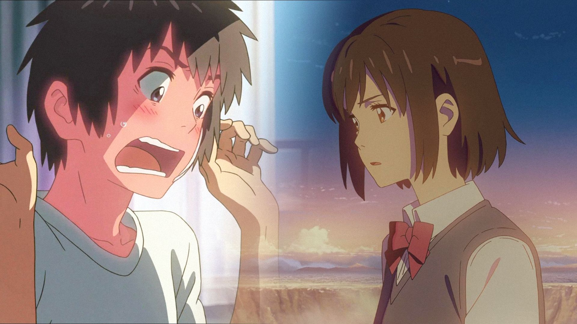 A guy in a white t-shirt with his mouth open in shock and a girl in school uniform