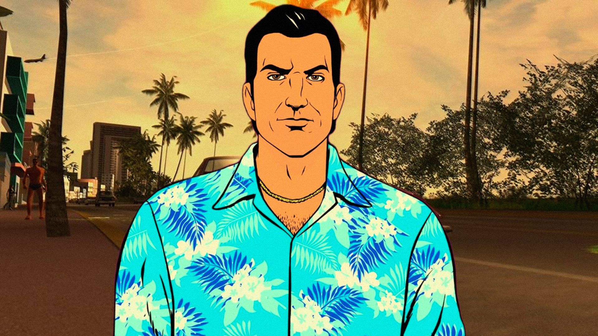 A man in a blue Hawaiian shirt stands against the backdrop of a street with palm trees