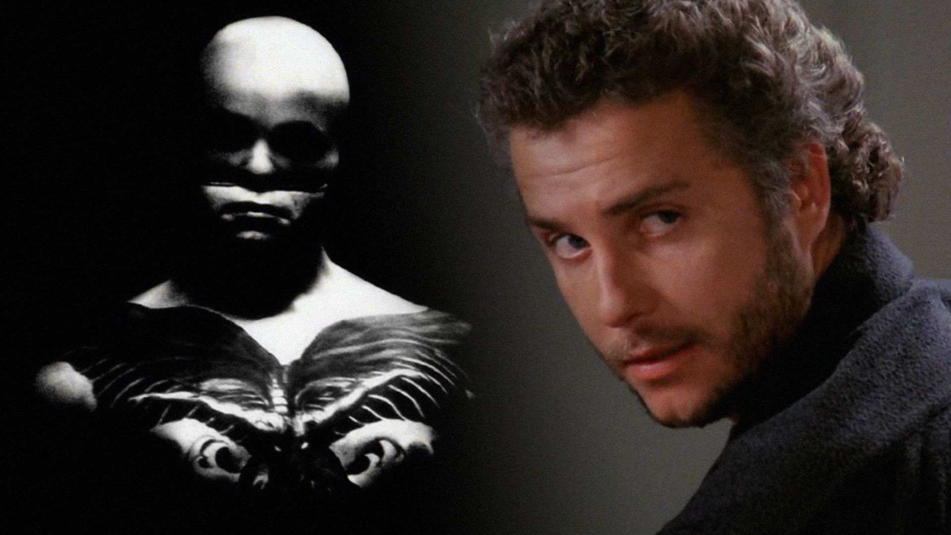 A man with a tattoo in a black mask and actor William Petersen in a gray jacket