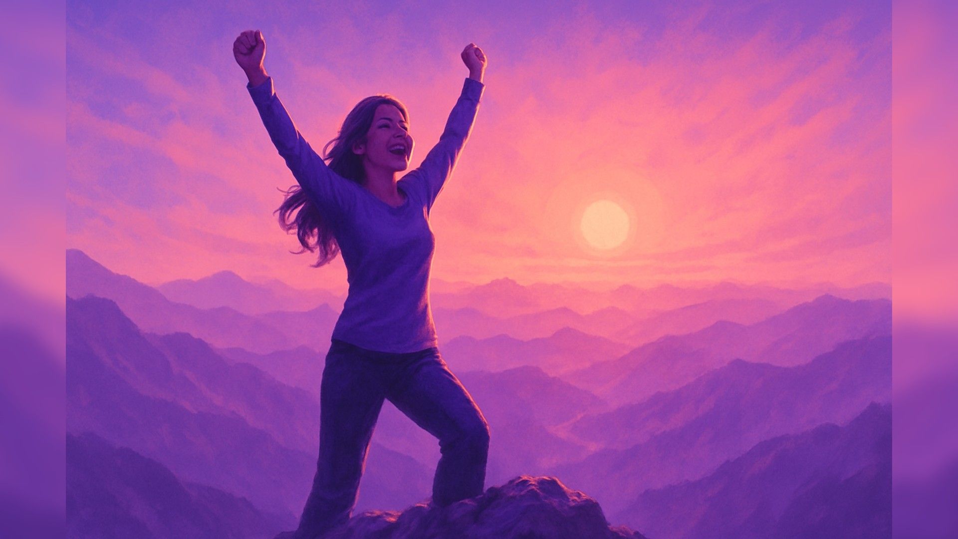 Woman at mountain peak with raised arms — face illuminated by sunrise, powerful and victorious pose