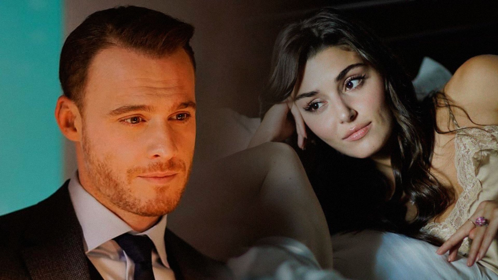 Actor Kerem Bursin in a black jacket and actress Hande Ercel in a nightgown, lying on the bed