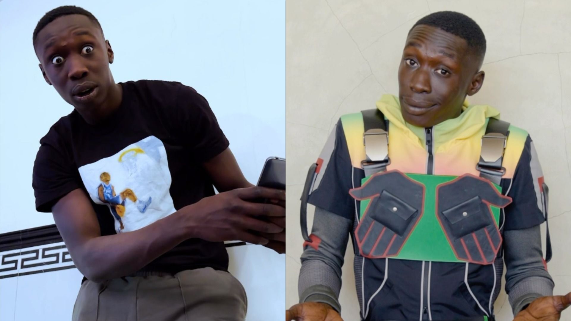 Blogger Khaby Lame in a black t-shirt looks to the side with surprise