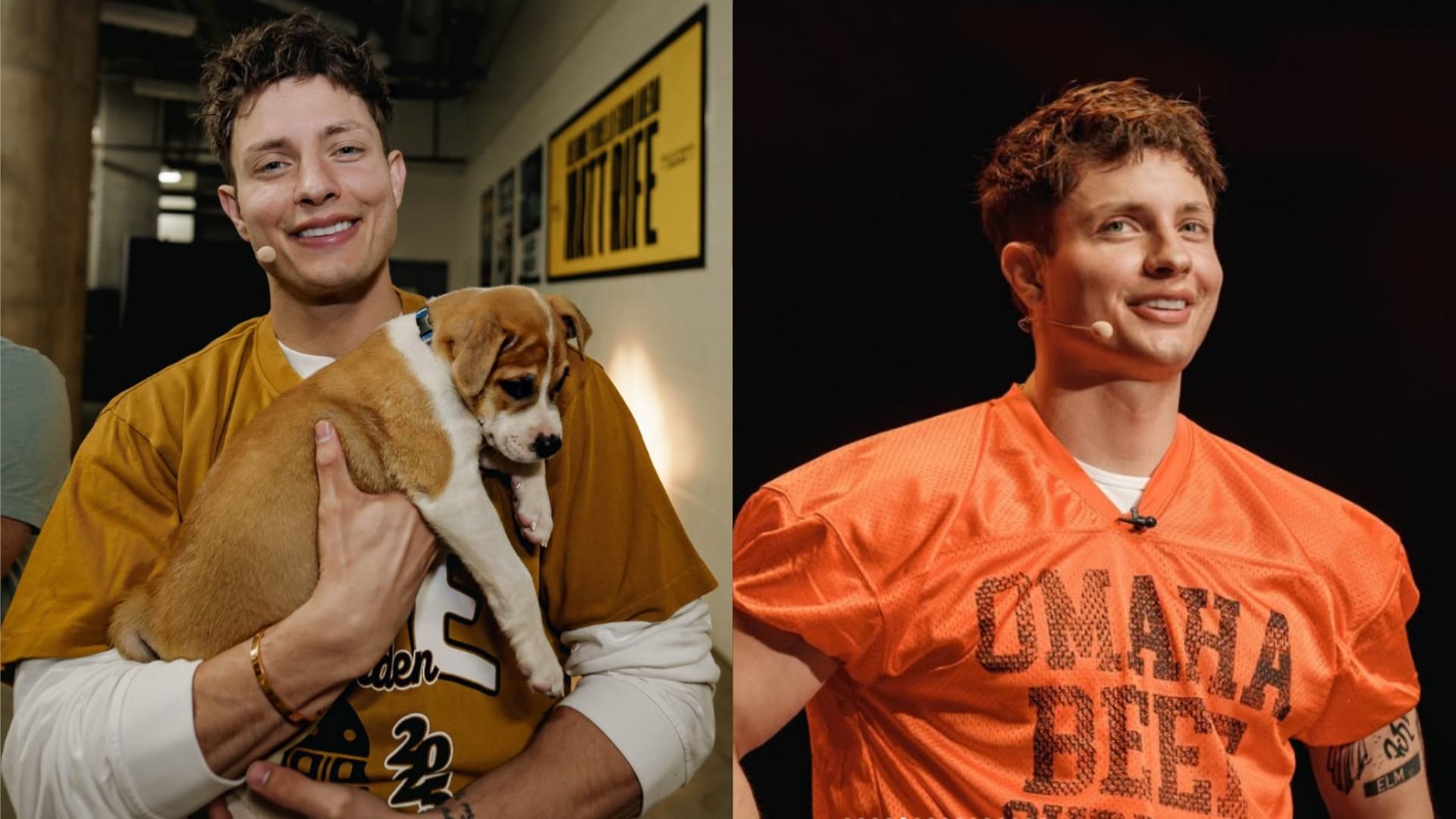 Blogger Matt Rife holding a dog while wearing a brown t-shirt