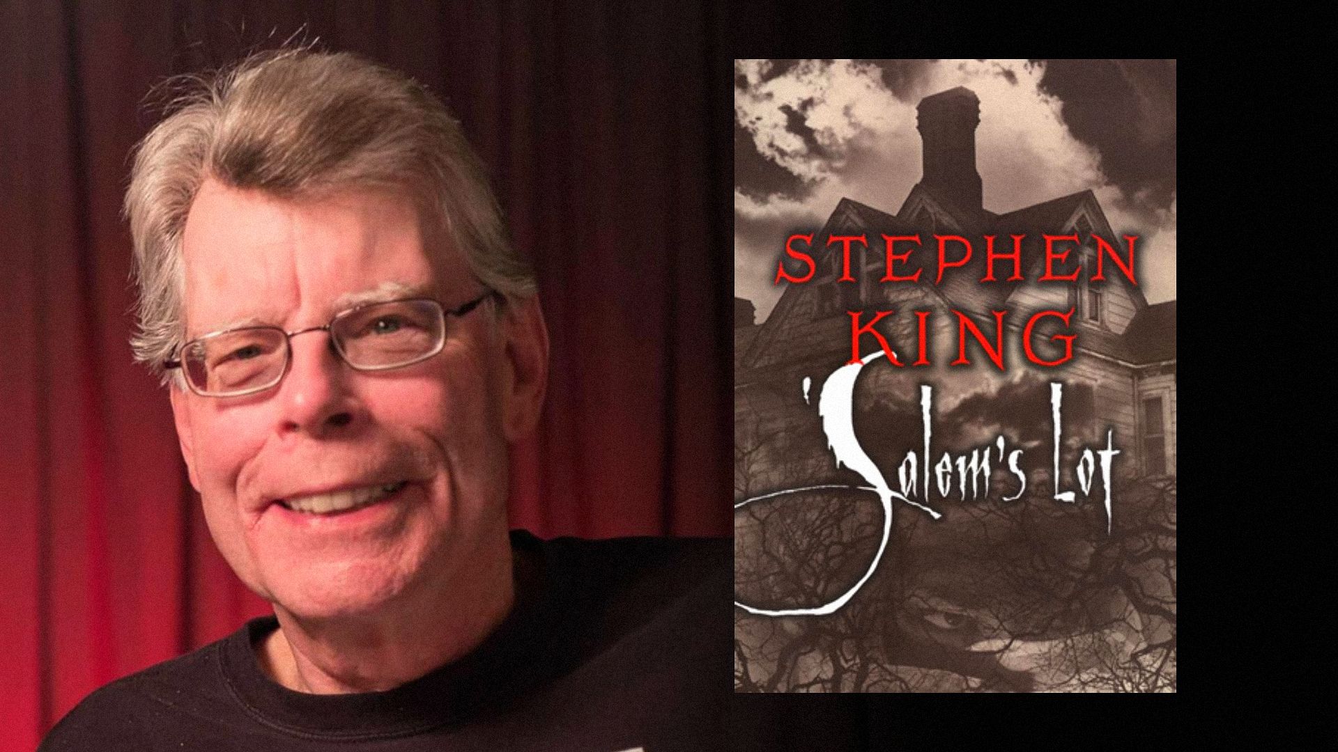 Writer Stephen King in a black shirt against a red background with a book featuring an old house