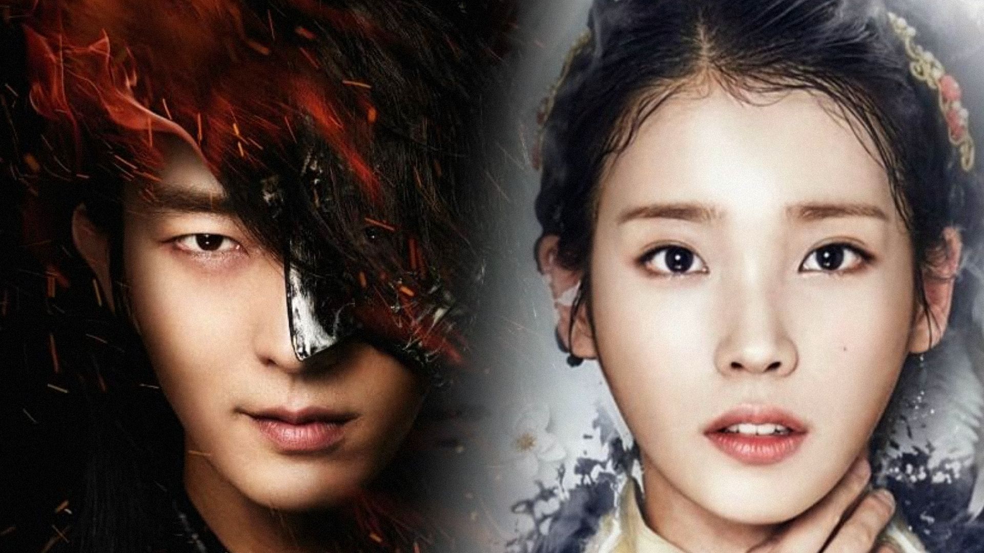 A guy in a black mask and a girl in traditional Korean clothing looking at the camera