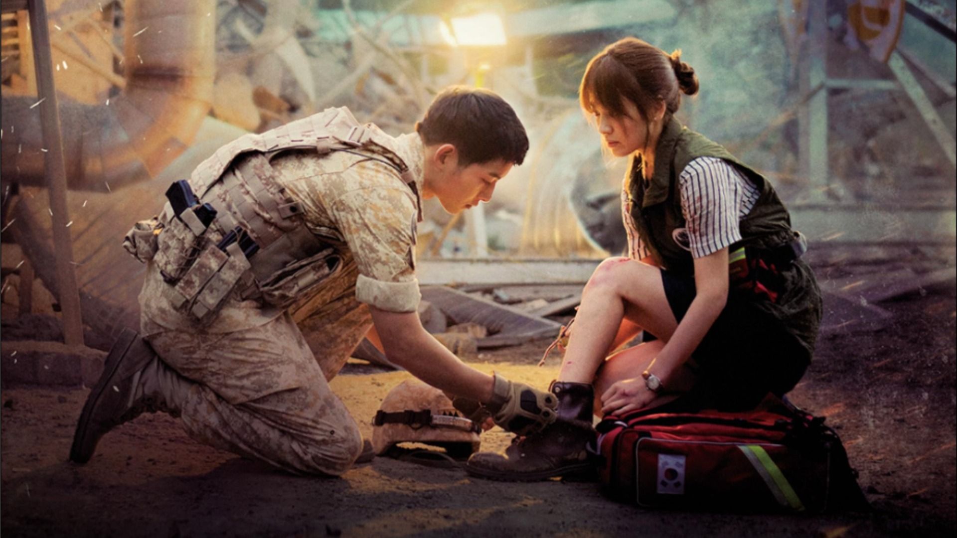 A man in military uniform leaned down toward the girl's leg as she looks at him