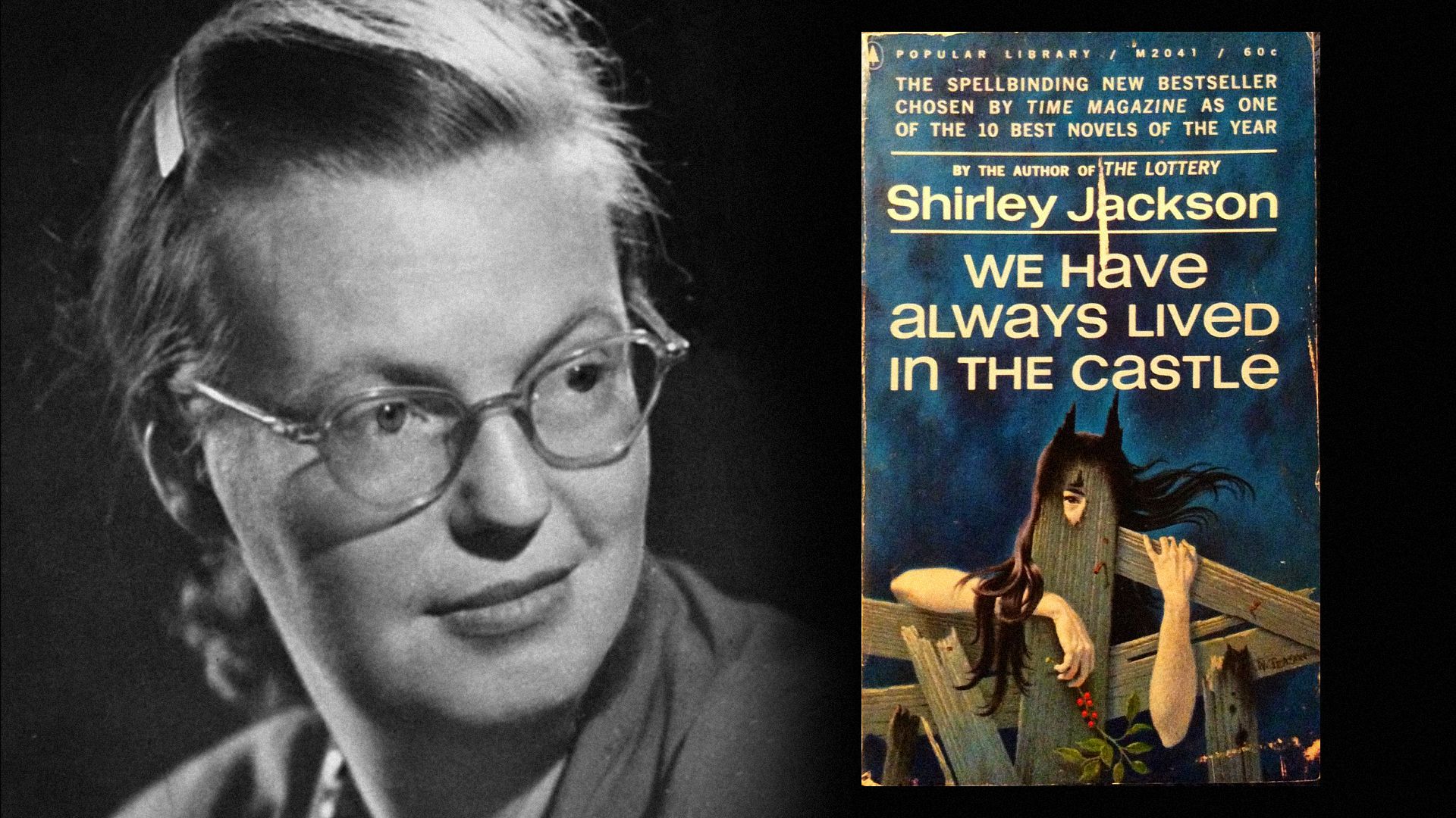 Writer Shirley Jackson wearing glasses looks to the side with a book showing a girl standing by a fence