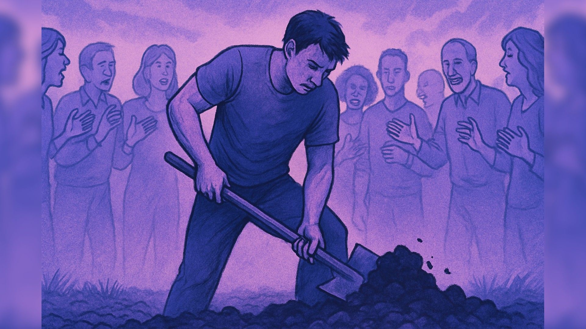 A man with a shovel is digging the ground. A crowd of onlookers stands around
