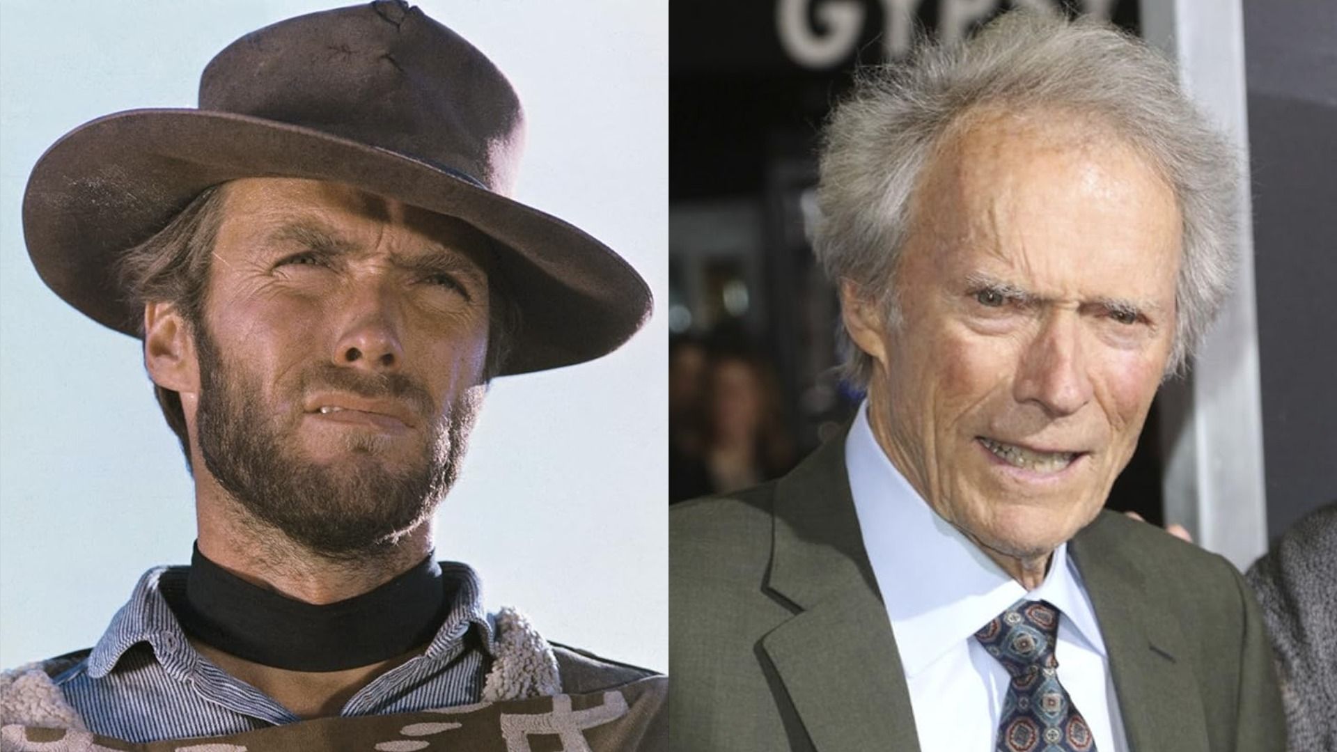 Actor and Director Clint Eastwood in a hat against the sky and in a green jacket on the red carpet