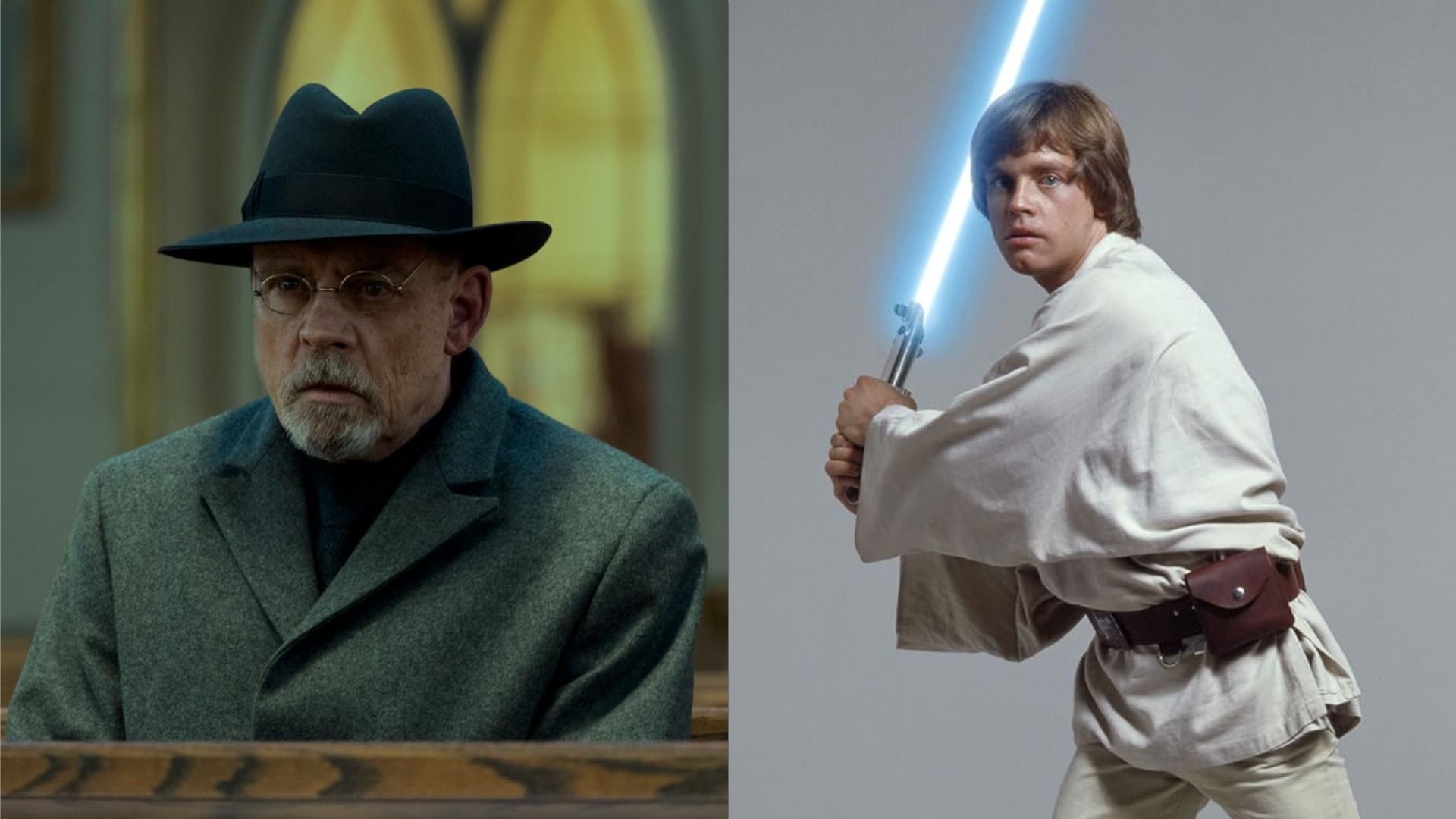 Actor Mark Hamill in a hat and glasses sits on a bench, on the right - him with a lightsaber and in white clothes