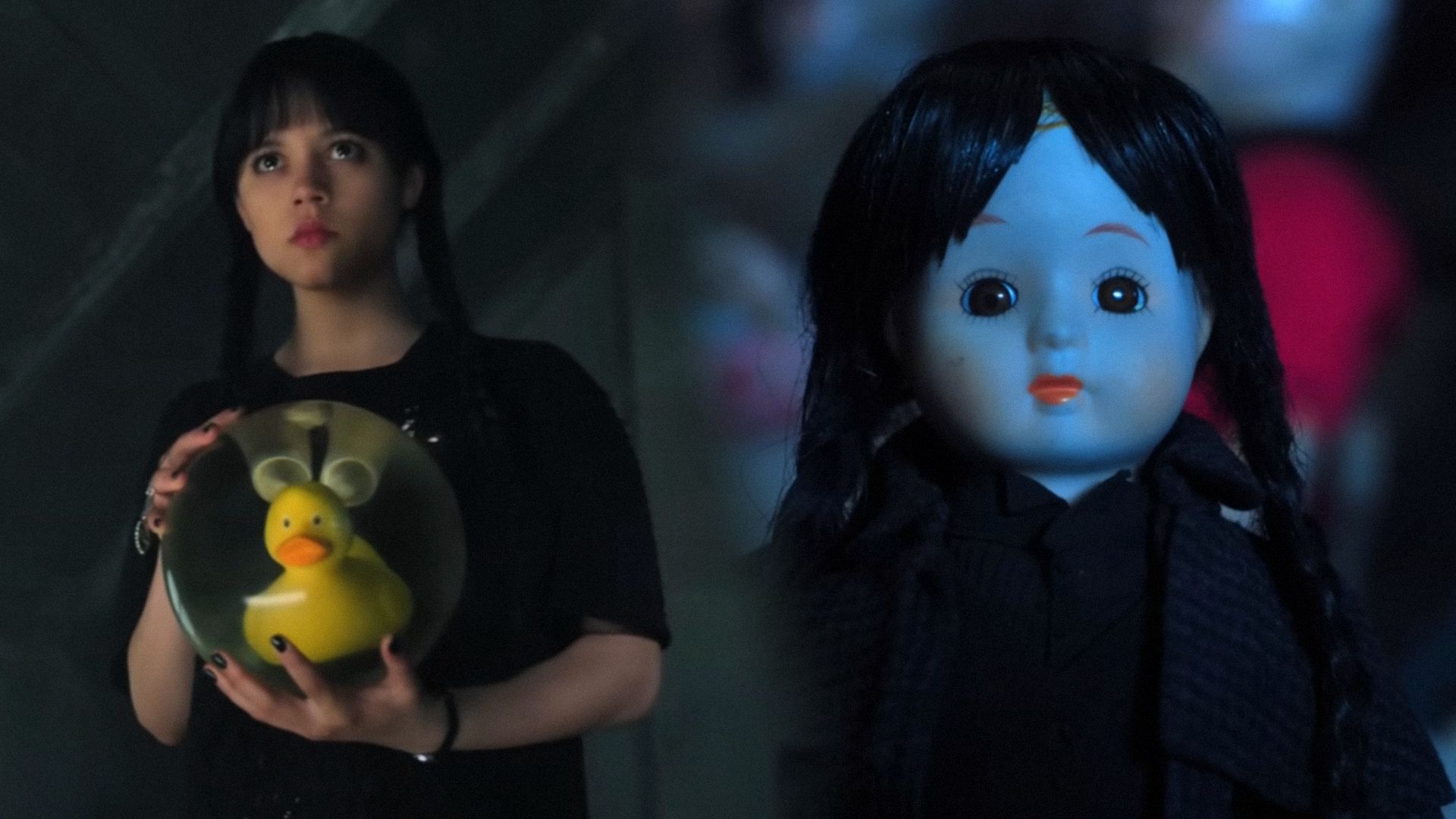 Actress Jenna Ortega with black hair holds a transparent ball with a yellow duck