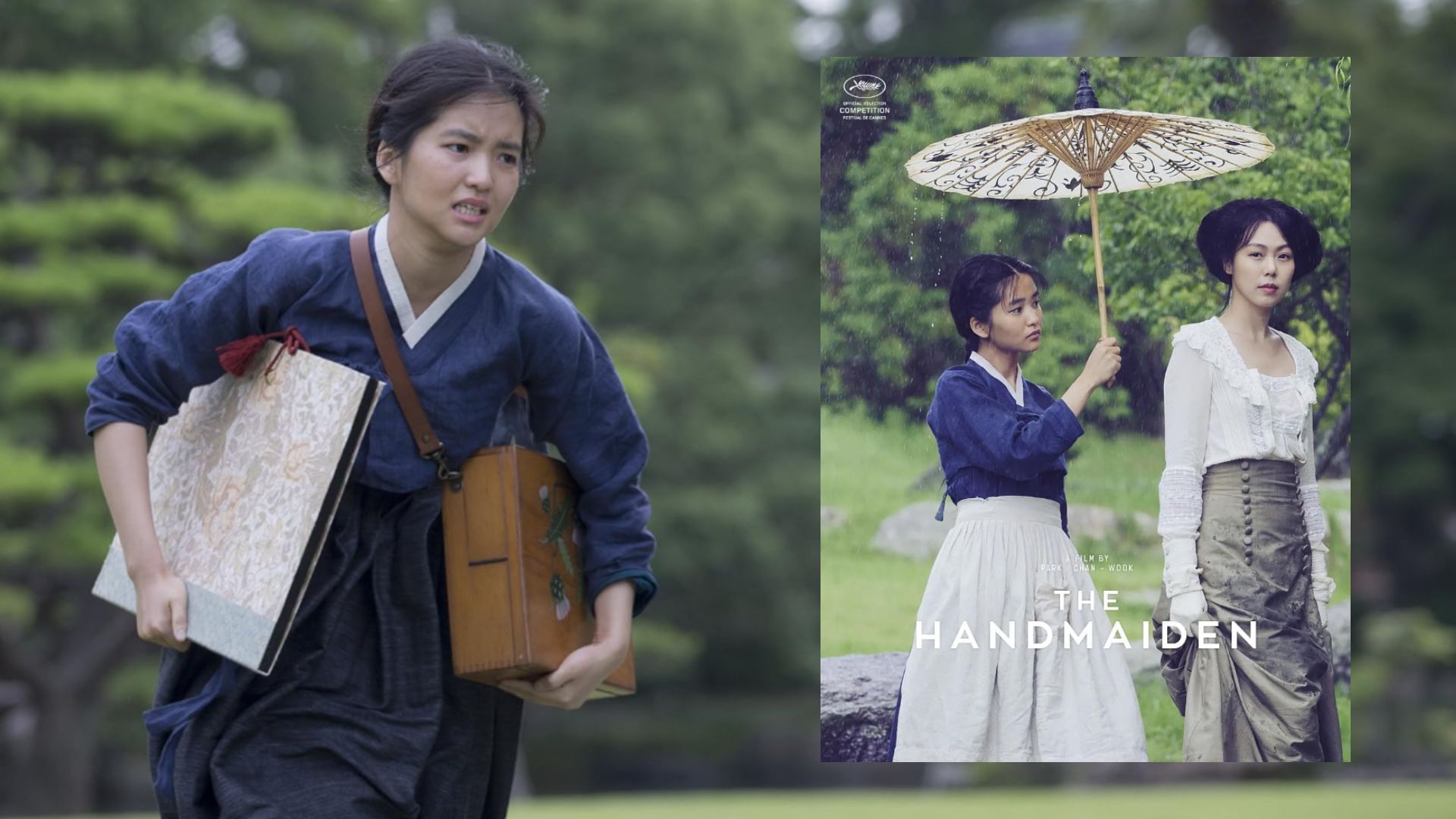 Girl in blue clothing running with a folder in her hands and movie poster with two girls with an umbrella