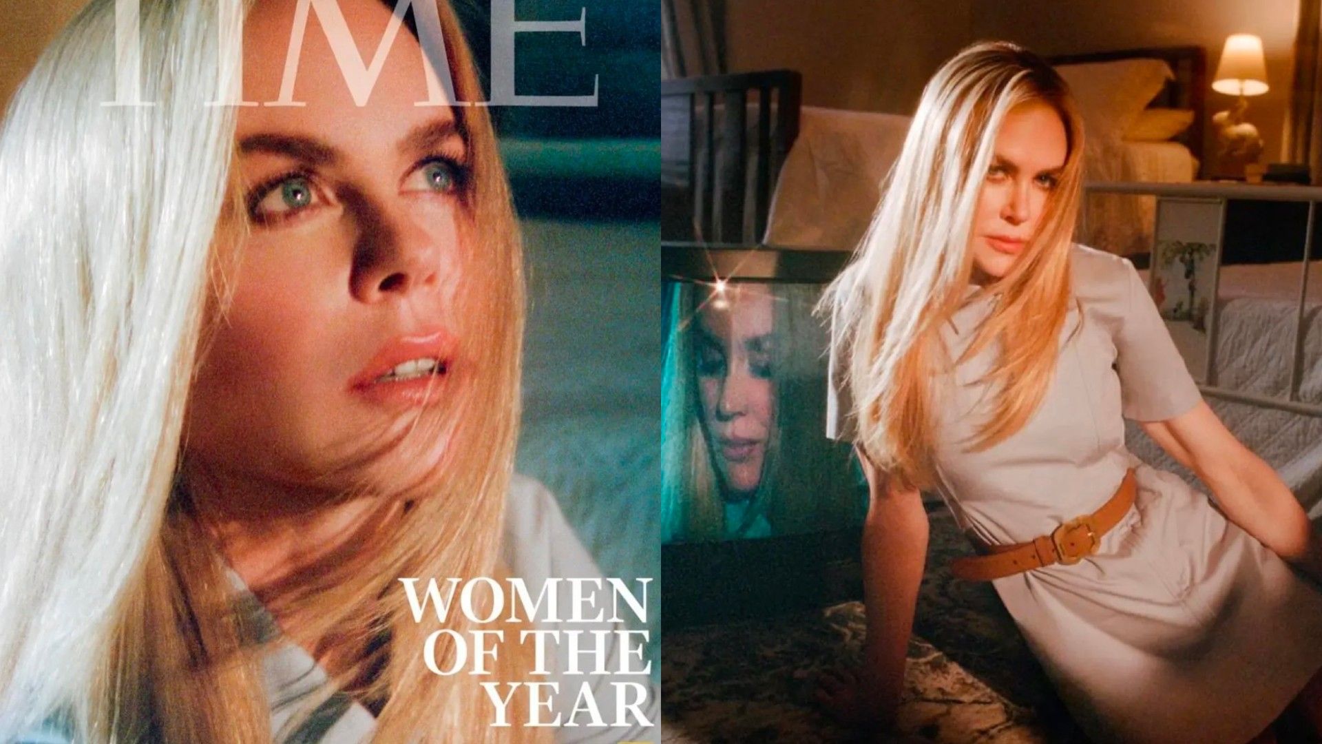 Collage of Nicole Kidman photos, on the left she's on the Time magazine cover, on the right posing on the floor in a beige dress